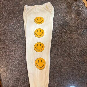 Aviator Nation Cream Track Pants with Yellow Smiley Faces